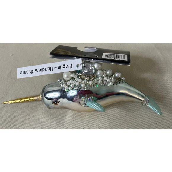 Robert Stanley Blown Glass Glitter Pearls Narwhal Christmas Holiday Ornament NEW - Picture 3 of 4